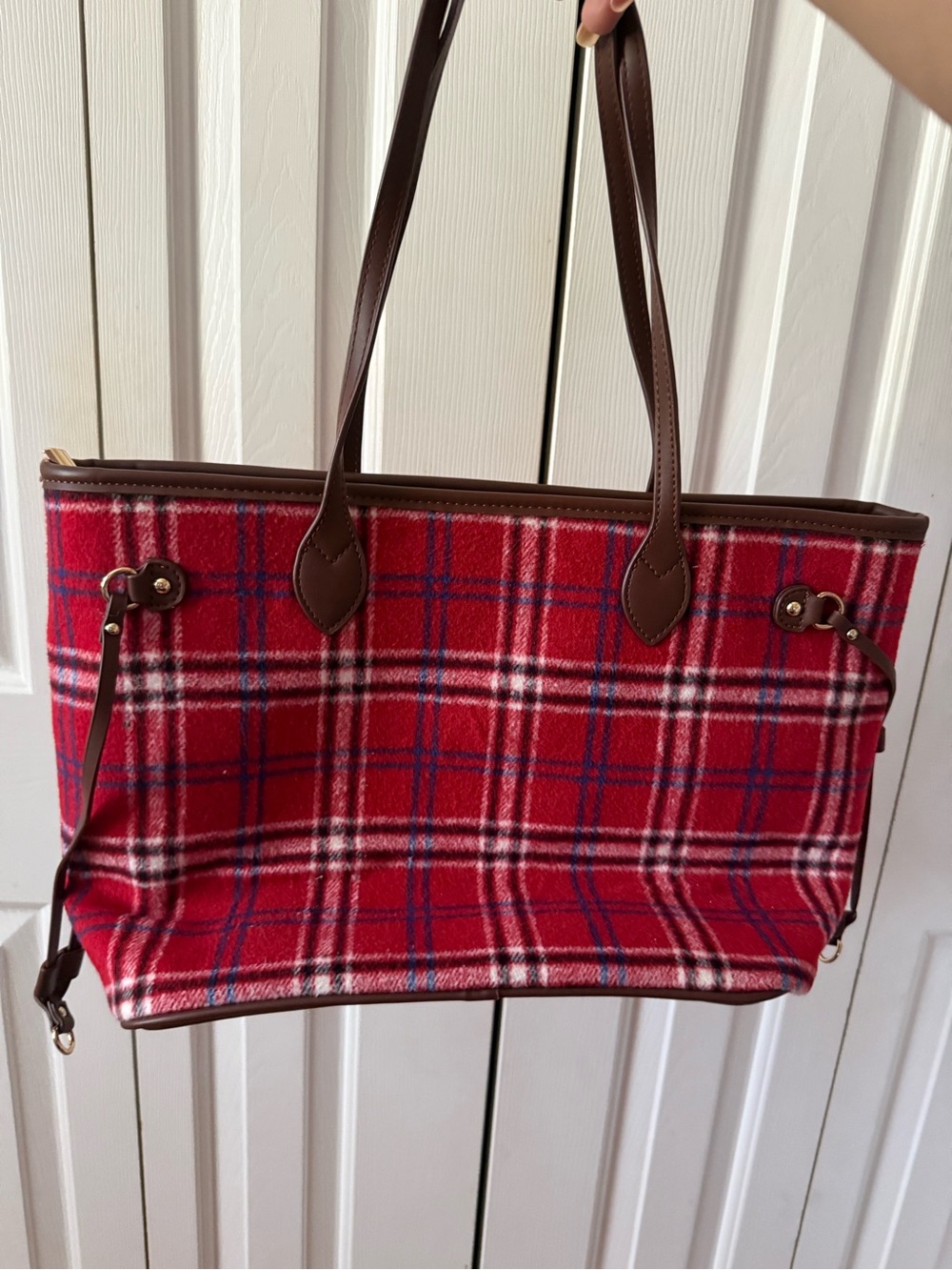 Plaid Red Tote Bag with Brown Trim - Women Bags and matching mini bag - Picture 7 of 11
